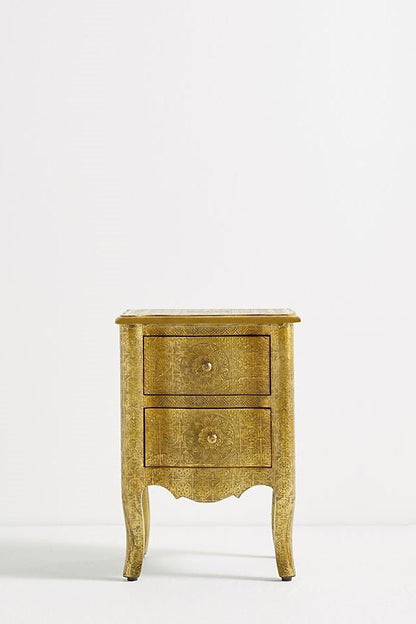 Handmade Exclusive Embossed Metal Nightstand | Metal Bedside with Two Drawers