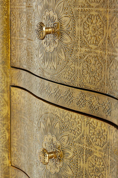 Handmade Exclusive Embossed Metal Nightstand | Metal Bedside with Two Drawers