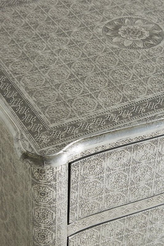 silver sheet Embossed Nightstand with Three Drawers 