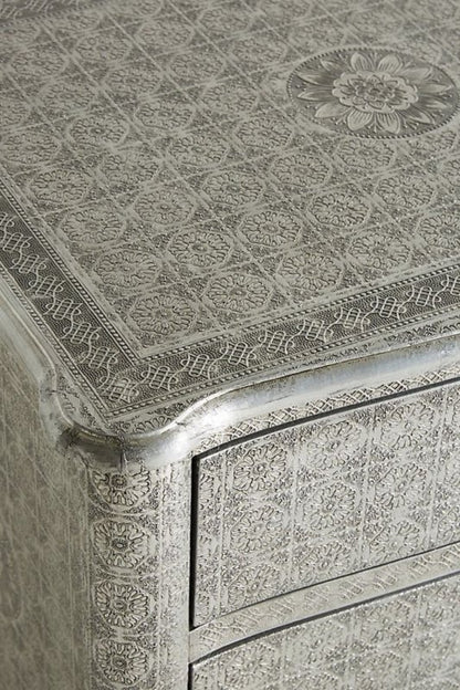 silver sheet Embossed Nightstand with Three Drawers 