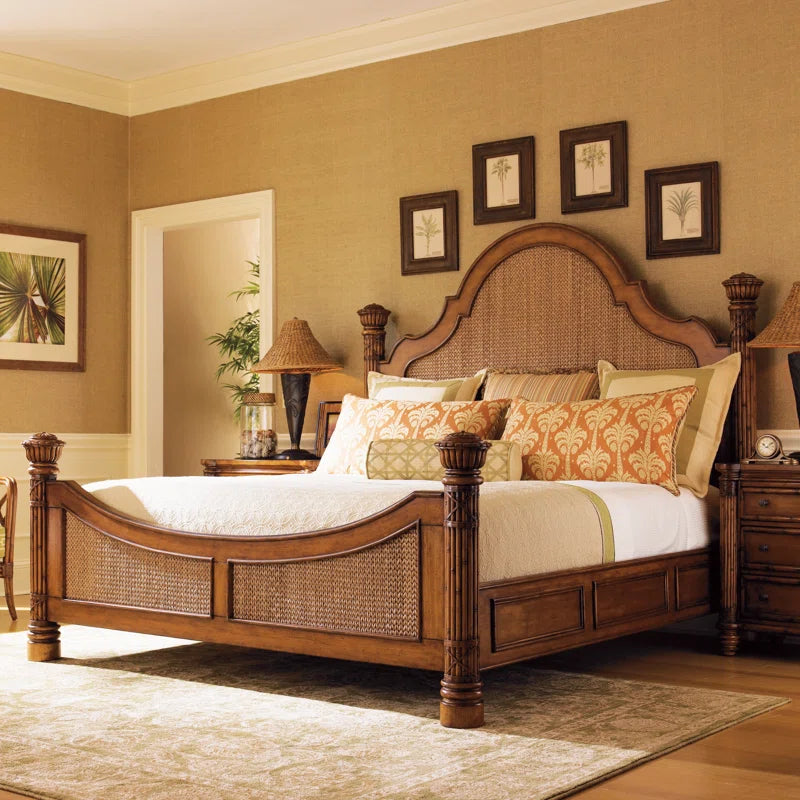 Island Estate Round Hill luxurious traditional solid wood king poster bed frame with a high arched headboard inlaid with natural herringbone woven Lampakanai panels.