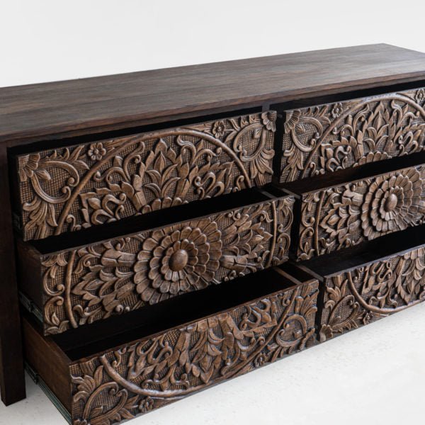 Handcrafted Brown Color Floral Design Wooden Dresser | Chest Of 6 Drawers Chest of Drawers - Bone Inlay Furnitures