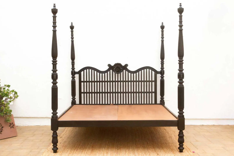 Handcrafted Finely Carved British Colonial Four - Poster Wooden Bed Bed - Bone Inlay Furnitures