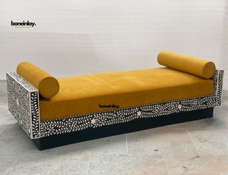 Handcrafted Floral Bone Inlay Daybed - Lounge Sofa Daybed - Bone Inlay Furnitures