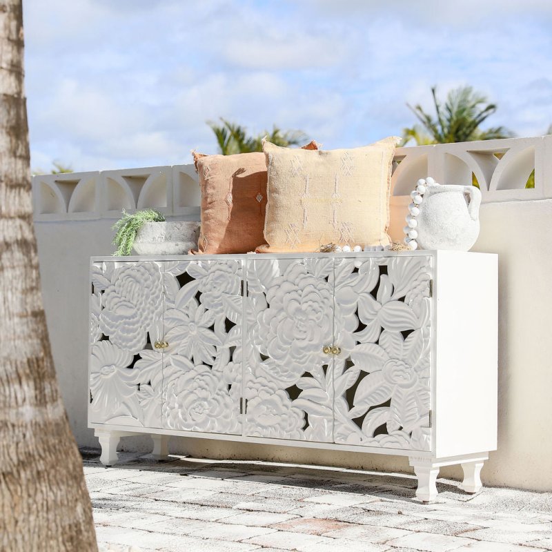 Handcrafted Four Door Sideboard Large Floral Wood Carving Buffet & Sideboard - Bone Inlay Furnitures