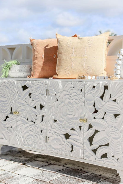 Handcrafted Four Door Sideboard Large Floral Wood Carving Buffet & Sideboard - Bone Inlay Furnitures