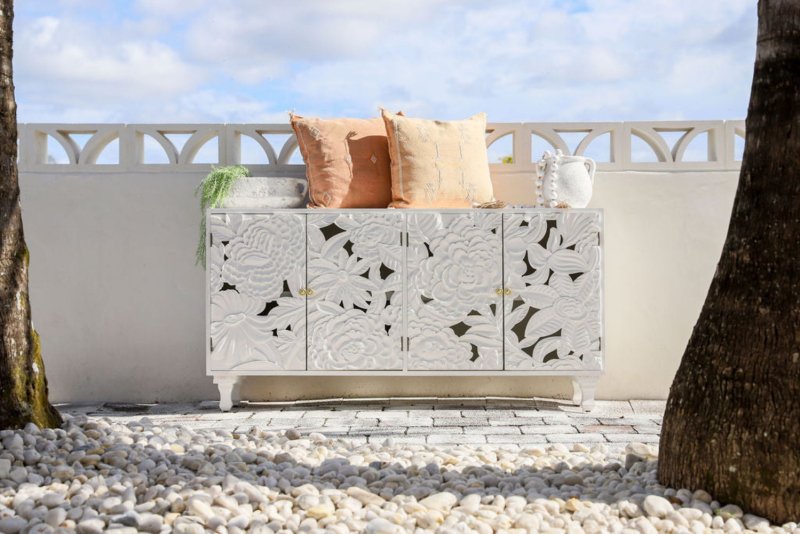 Handcrafted Four Door Sideboard Large Floral Wood Carving Buffet & Sideboard - Bone Inlay Furnitures