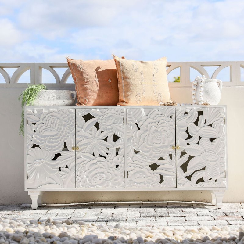 Handcrafted Four Door Sideboard Large Floral Wood Carving Buffet & Sideboard - Bone Inlay Furnitures