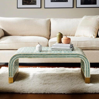 Handcrafted Indian Light Green Bone Inlay Waterfall Coffee Table | Center Table Coffee Table - Bone Inlay Furnitures