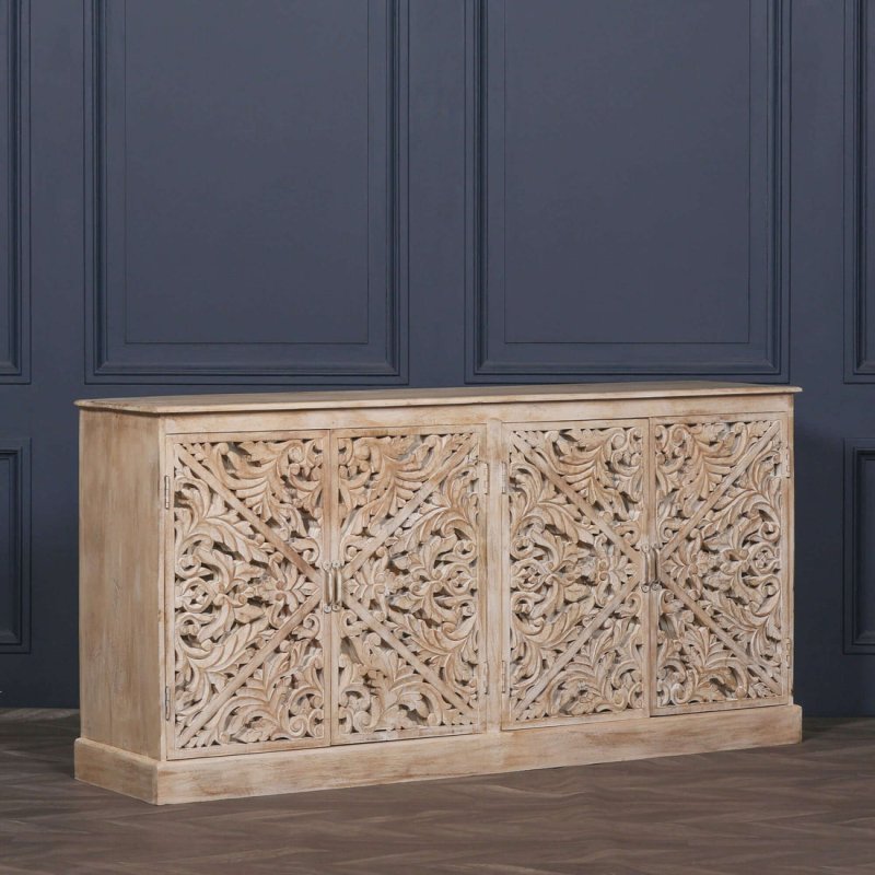 Handcrafted Solid Wood Indian Buffet | Stylish Carved Cabinet Design Buffet & Sideboard - Bone Inlay Furnitures