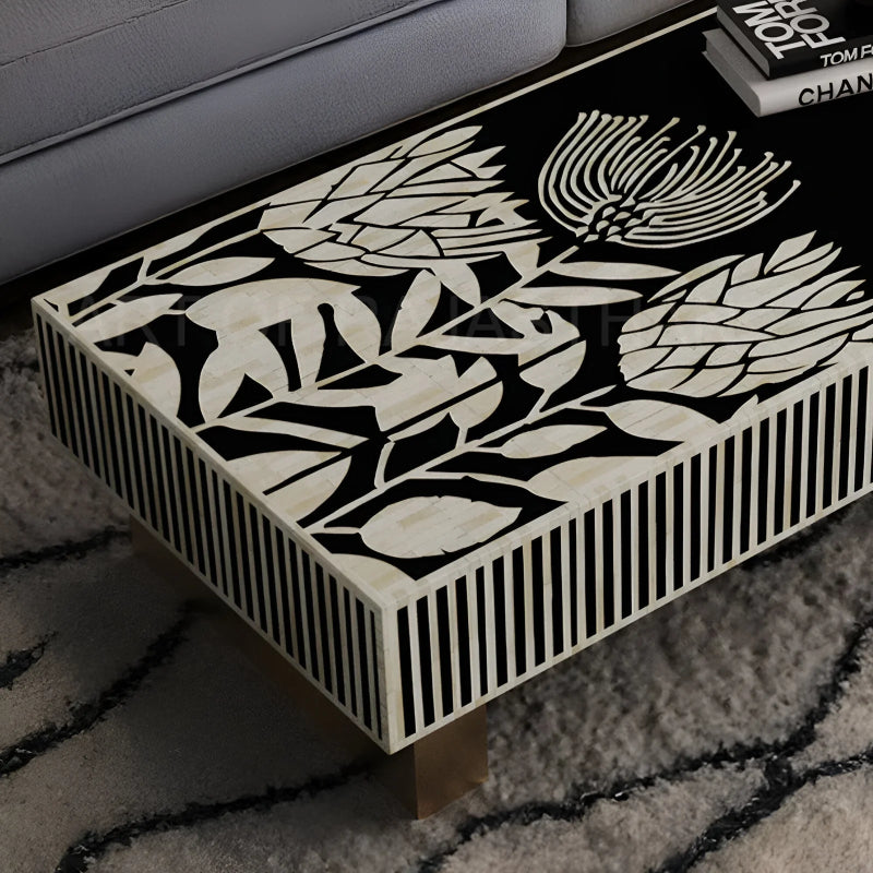 Handcrafted tulip bone inlay coffee table with black and white contrast decor, artisan made rectangular center table for living room