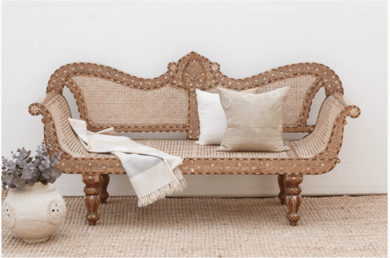 Handmade Anglo - Indian Bone Inlay Settee Bench - Cane Back and Seat Settee - Bone Inlay Furnitures