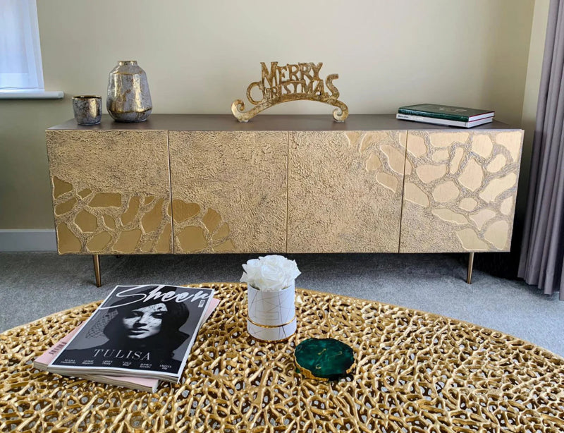 Handmade Art Deco Style Four Doors in Elegant Golden Metal Sideboard Buffet & Sideboard - Bone Inlay Furnitures