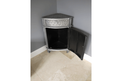 Handmade Blackened Silver Embossed Patterned Metal Corner Cabinet with One door and One Drawer Cabinet - Bone Inlay Furnitures