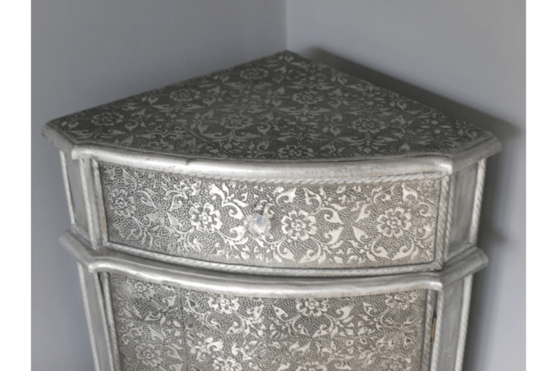 Handmade Blackened Silver Embossed Patterned Metal Corner Cabinet with One door and One Drawer Cabinet - Bone Inlay Furnitures