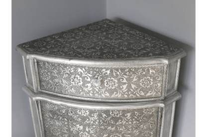 Handmade Blackened Silver Embossed Patterned Metal Corner Cabinet with One door and One Drawer Cabinet - Bone Inlay Furnitures