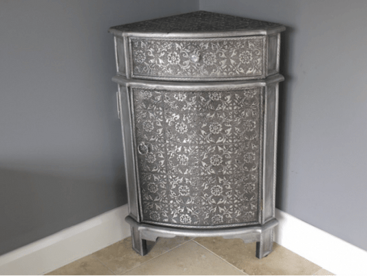 Handmade Blackened Silver Embossed Patterned Metal Corner Cabinet with One door and One Drawer Cabinet - Bone Inlay Furnitures