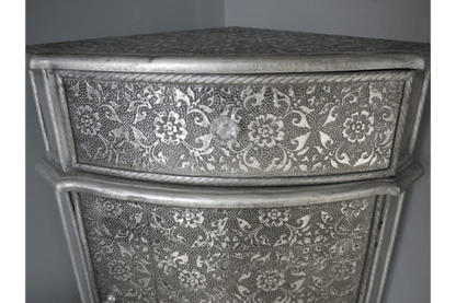 Handmade Blackened Silver Embossed Patterned Metal Corner Cabinet with One door and One Drawer Cabinet - Bone Inlay Furnitures