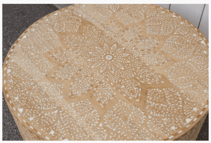 Handmade Bleached Wood Drum Coffee Table - Exquisite Artisan Design Coffee Table - Bone Inlay Furnitures