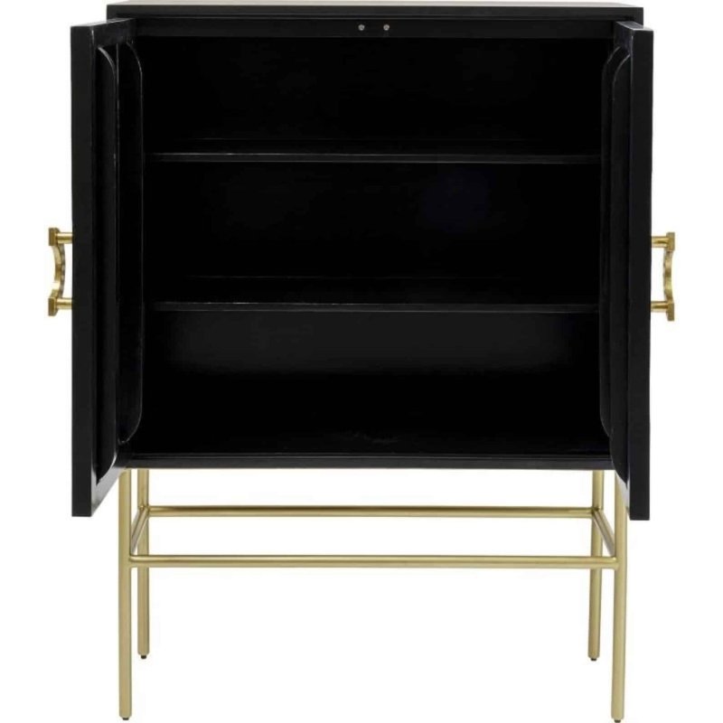Both doors open on handmade bone inlay drinks cabinet revealing matte black interior with three shelves and brushed gold metal hardware