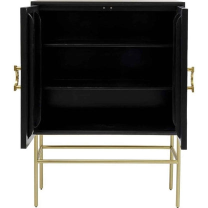 Both doors open on handmade bone inlay drinks cabinet revealing matte black interior with three shelves and brushed gold metal hardware