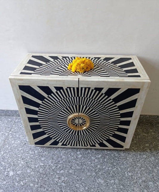 Handmade Bone Inlay Bar Cabinet with Two Door in Black and White Color Bar Cabinet - Bone Inlay Furnitures