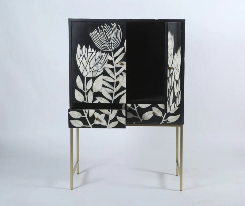 Handmade Bone Inlay Black Tulip Design with 1 Cabinet And 2 Drawer Cabinet - Bone Inlay Furnitures