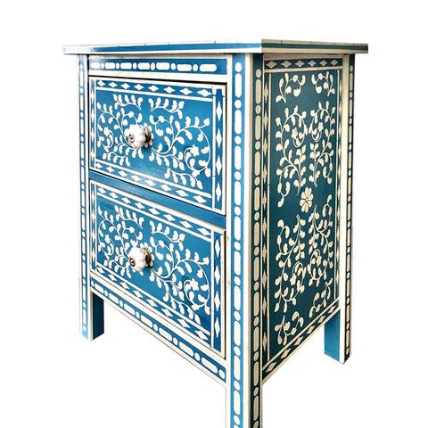 Handmade Bone Inlay Blue Floral Bedside Table Two drawers Lamp Stand Bedside Table - Bone Inlay Furnitures
