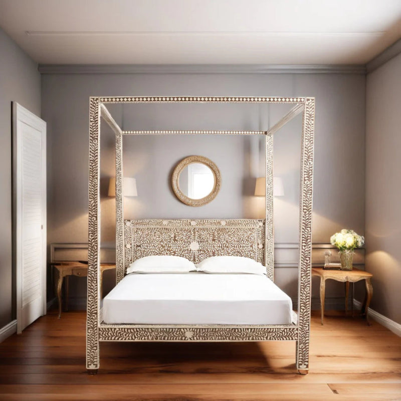 Handmade Bone Inlay Canopy Platform Bed | Wood Inlay Bed for Bedroom Decor Beds & Bed Frames - Bone Inlay Furnitures