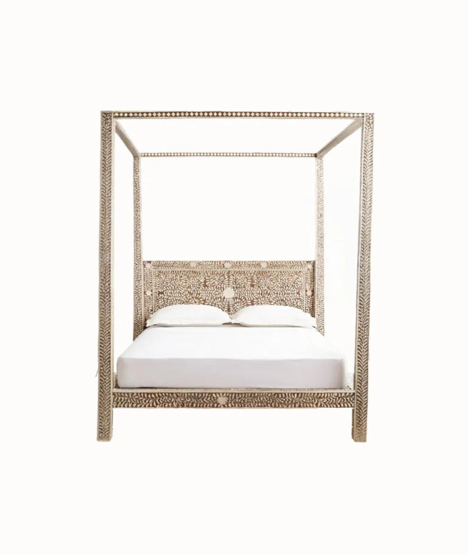Handmade Bone Inlay Canopy Platform Bed | Wood Inlay Bed for Bedroom Decor Beds & Bed Frames - Bone Inlay Furnitures