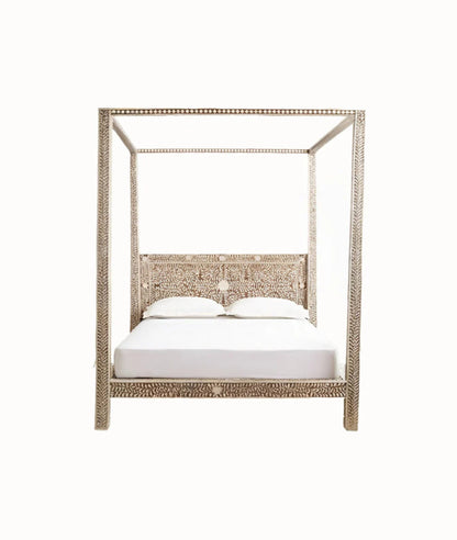 Handmade Bone Inlay Canopy Platform Bed | Wood Inlay Bed for Bedroom Decor Beds & Bed Frames - Bone Inlay Furnitures
