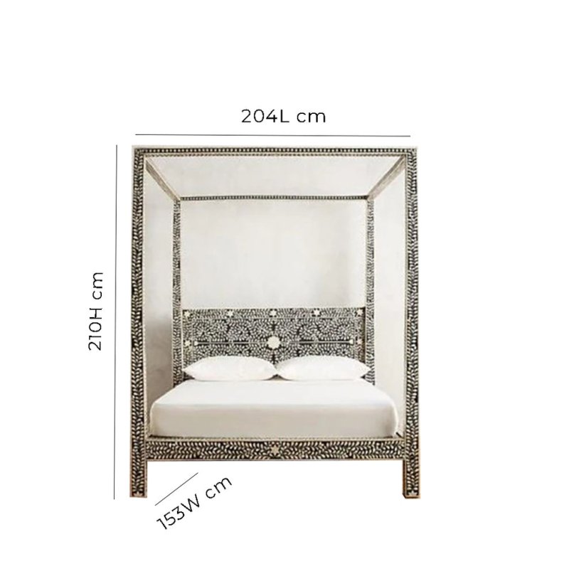 Front view of black and ivory bone inlay canopy bed with four-poster frame showing product dimensions: 204cm length, 153cm width, 210cm height, handcrafted in solid mango wood with intricate floral inlay.