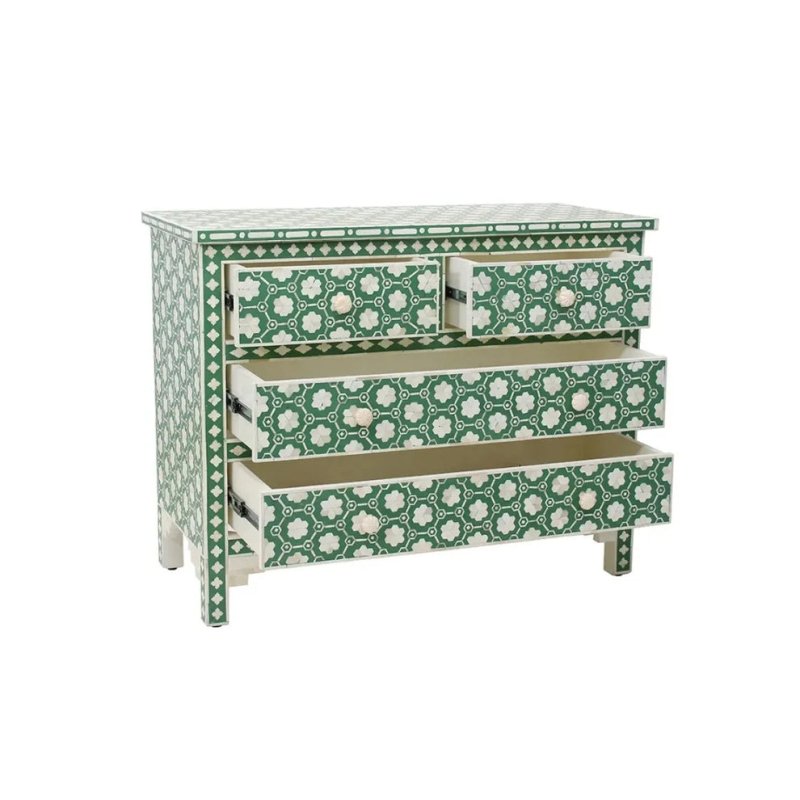 Emerald bone inlay 4 drawer chest shown with two lower drawers pulled open revealing spacious wooden interior storage compartments