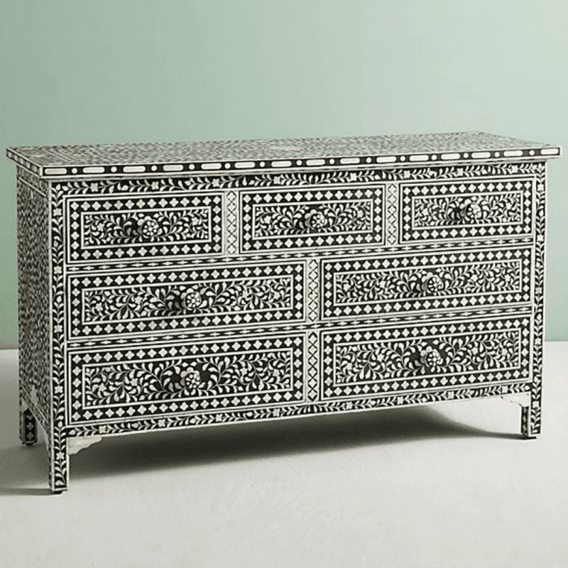 Handmade Bone Inlay Chest of Seven Drawers Dresser in Black