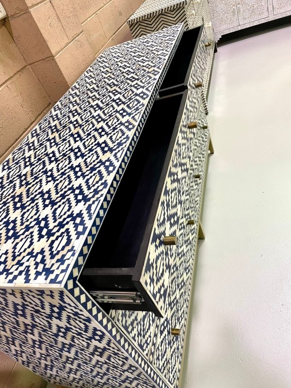 Handmade Bone inlay Diamond Navy Blue Chest of Six Drawers Chest of Drawers - Bone Inlay Furnitures