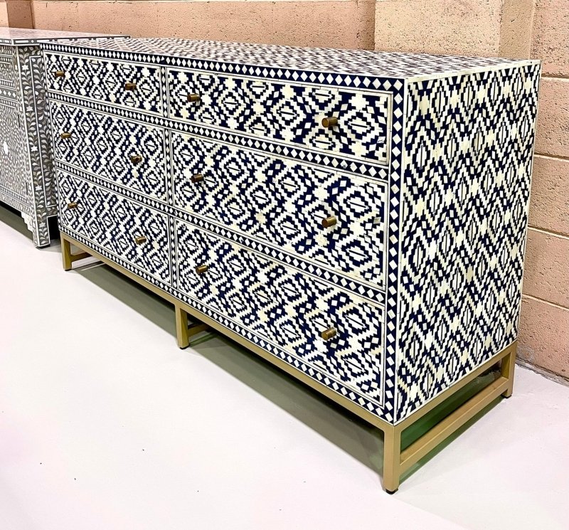 Handmade Bone inlay Diamond Navy Blue Chest of Six Drawers Chest of Drawers - Bone Inlay Furnitures
