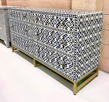 Handmade Bone inlay Diamond Navy Blue Chest of Six Drawers Chest of Drawers - Bone Inlay Furnitures
