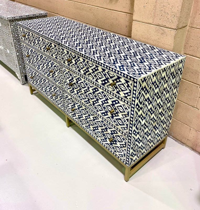 Handmade Bone inlay Diamond Navy Blue Chest of Six Drawers Chest of Drawers - Bone Inlay Furnitures