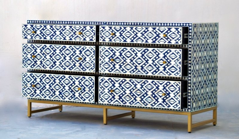 Handmade Bone inlay Diamond Navy Blue Chest of Six Drawers Chest of Drawers - Bone Inlay Furnitures
