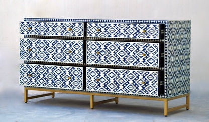 Handmade Bone inlay Diamond Navy Blue Chest of Six Drawers Chest of Drawers - Bone Inlay Furnitures