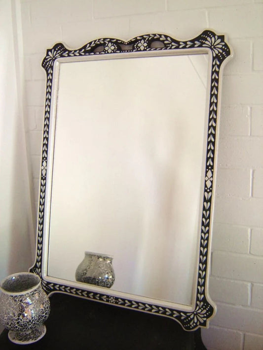 Handmade Bone Inlay Floral Black Color Design Rectangle Wooden Mirror mirror frame - Bone Inlay Furnitures