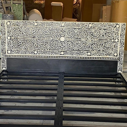 Handmade Bone Inlay Floral Design Black Headboard headboard - Bone Inlay Furnitures