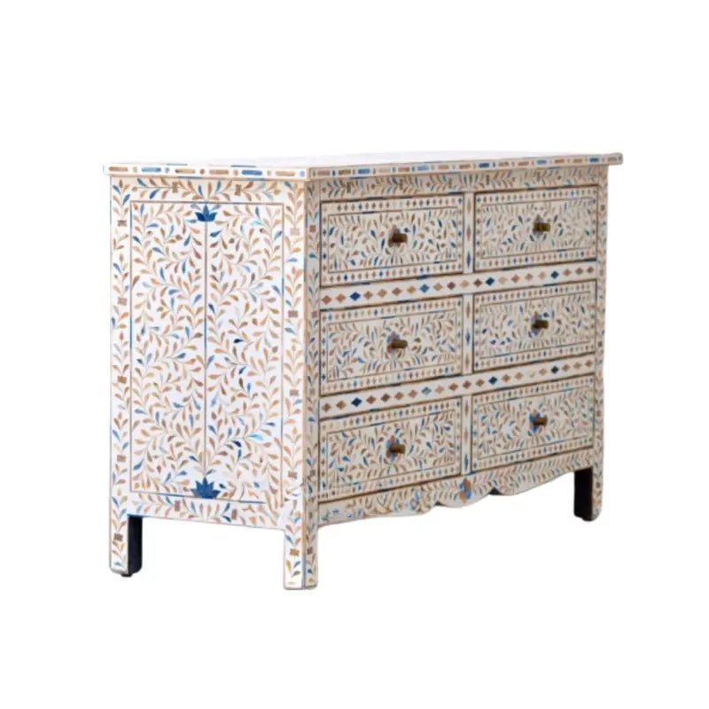 Handmade Bone Inlay Floral Design Chest of Six Drawers Indian Dresser Chest of Drawers - Bone Inlay Furnitures