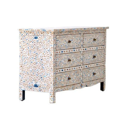 Handmade Bone Inlay Floral Design Chest of Six Drawers Indian Dresser Chest of Drawers - Bone Inlay Furnitures
