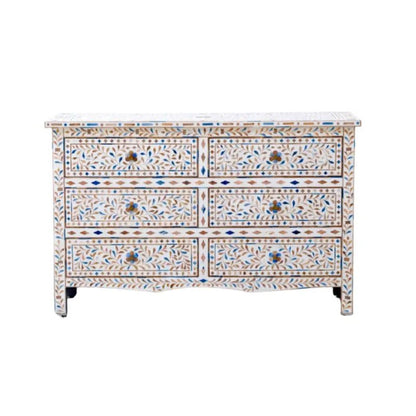 Handmade Bone Inlay Floral Design Chest of Six Drawers Indian Dresser Chest of Drawers - Bone Inlay Furnitures