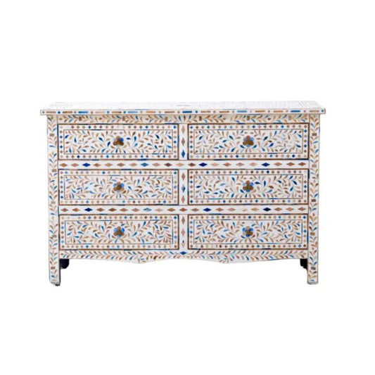 Handmade Bone Inlay Floral Design Chest of Six Drawers Indian Dresser Chest of Drawers - Bone Inlay Furnitures