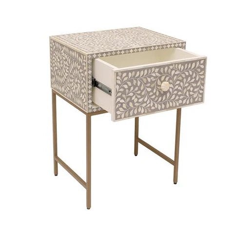 Handmade Bone Inlay Floral Design Grey Bedside Table Nightstand Bedside Table - Bone Inlay Furnitures