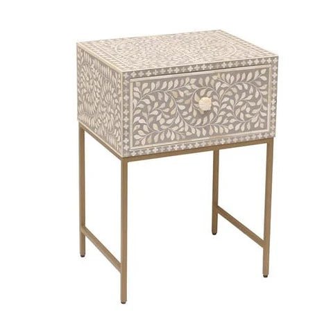 Handmade Bone Inlay Floral Design Grey Bedside Table Nightstand Bedside Table - Bone Inlay Furnitures