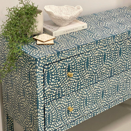 Handmade Bone Inlay Floral Pattern Blue Chest of Drawer | Luxury Dresser in Blue Color Chest of Drawers - Bone Inlay Furnitures