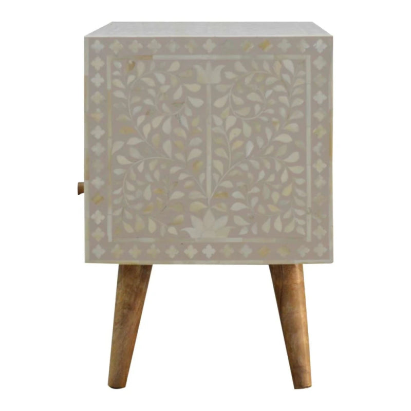 Handmade Bone Inlay Floral Pattern T.V Unit | Console Table in White Color Media Console Table - Bone Inlay Furnitures